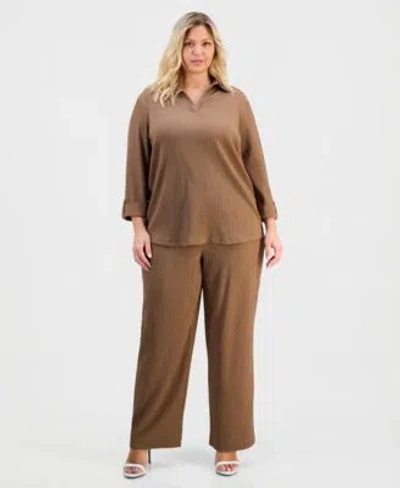 Anne Klein Essentials Ak Anne Klein Spread Collar Knit Top Pull On Wide Leg Pants In Black