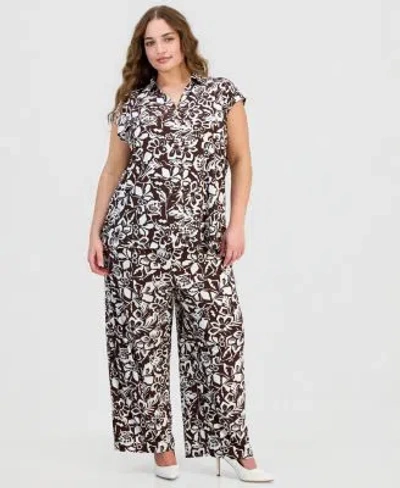 Anne Klein Essentials Cap Sleeve Blouse Wide Leg Pants In Multi