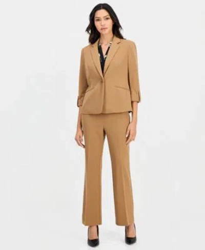 Anne Klein Essentials Petite 3 4 Sleeve One Button Blazer Printed Elbow Sleeve Split Neck Top Pull On Straight Leg Pants In Dutch Blue