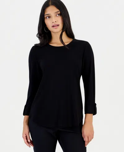Anne Klein Essentials Petite 3/4 Sleeve Scoop Neck Heatset Stone Top In Black