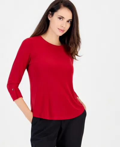Anne Klein Essentials Petite 3/4 Sleeve Scoop Neck Heatset Stone Top In Red