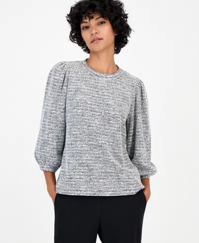 Anne Klein Essentials Petite 3/4-balloon Sleeve Boucle-knit Top In Anne Black,white Dove