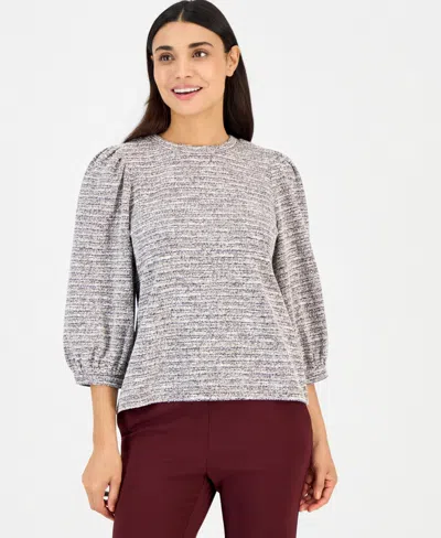 Anne Klein Essentials Petite 3/4-balloon Sleeve Boucle-knit Top In Barolo,white Dove