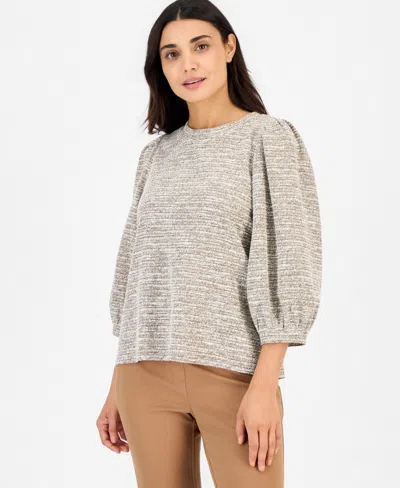 Anne Klein Essentials Petite 3/4-balloon Sleeve Boucle-knit Top In Vicuna,white Dove