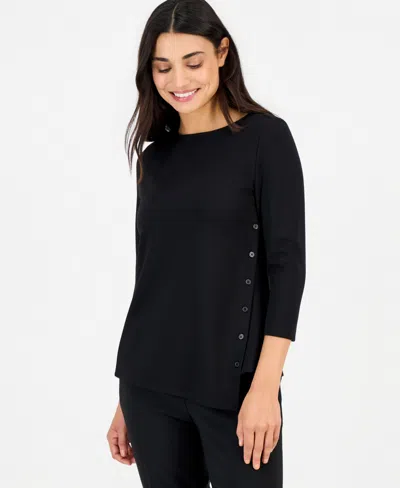 Anne Klein Essentials Petite 3/4-sleeve Asymmetrical Button Top In Anne Black