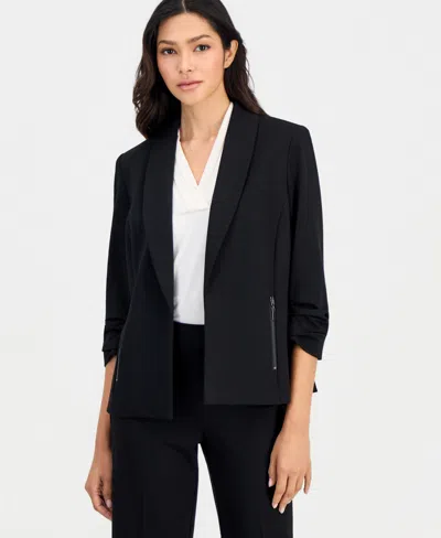 Anne Klein Essentials Petite 3/4-sleeve Open-front Zip-pocket Jacket In Anne Black