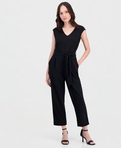 Anne Klein Essentials Petite Belted V-neck Jumpsuit In Black