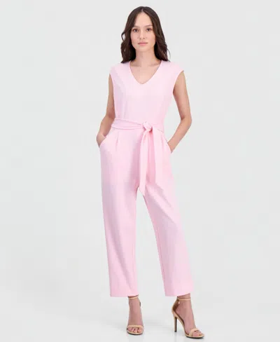 Anne Klein Essentials Petite Belted V-neck Jumpsuit In Pink