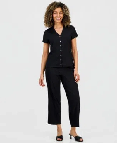 Anne Klein Essentials Petite Button Front Blouse Ankle Pants In Black
