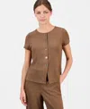 Anne Klein Essentials Petite Button-front Blouse In Brown