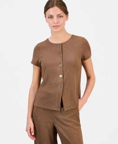 Anne Klein Essentials Petite Button-front Blouse In Brown
