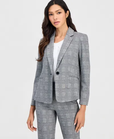Anne Klein Essentials Petite Check One-button Scrunch-sleeve Jacket In Anne Black,white Dove
