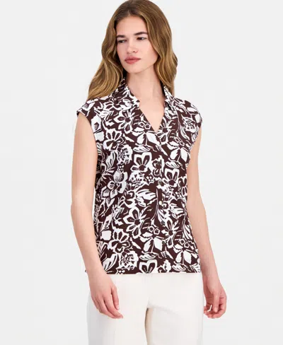 Anne Klein Essentials Petite Collared Button-front Top In Brown