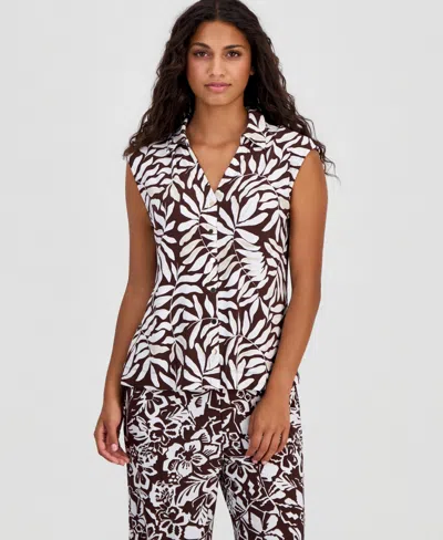 Anne Klein Essentials Petite Collared Extended-shoulder Top In Brown
