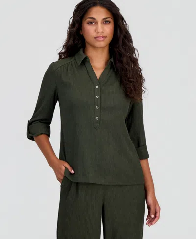 Anne Klein Essentials Petite Collared Roll-tab-sleeve Shirt In Green