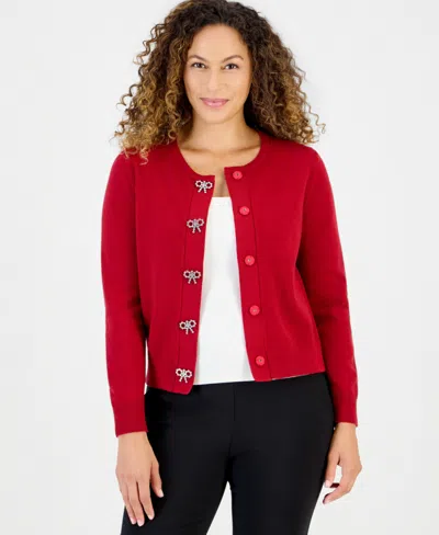 Anne Klein Essentials Petite Crewneck Embellished Bow Snaps Cardigan In Red