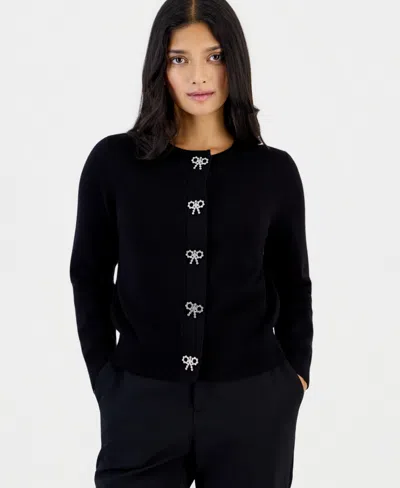 Anne Klein Essentials Petite Embellished Crewneck Cardigan In Black