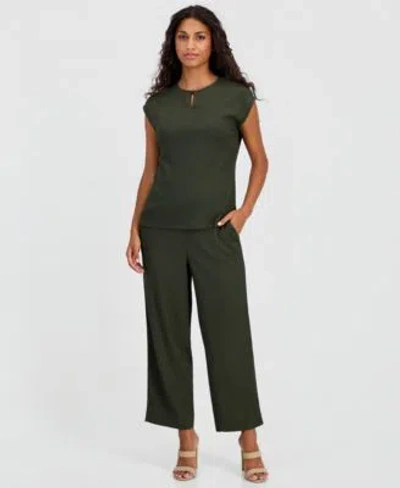 Anne Klein Essentials Petite Extended Shoulder Pebble Texture Top Pebble Texture Knit Pull On Pants In Green