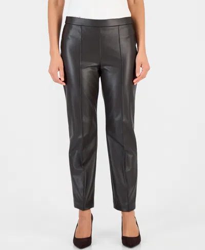Anne Klein Essentials Petite Faux Leather Pull-on Pintuck Pants In Deep Mahogany
