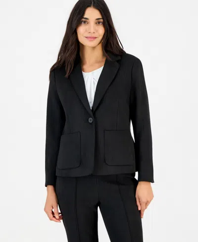 Anne Klein Essentials Petite Faux Suede One Button Patch-pocket Jacket In Anne Black