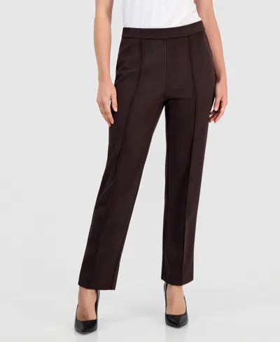Anne Klein Essentials Petite Faux Suede Pull-on Straight-leg Pintuck Pants In Deep Mahogany