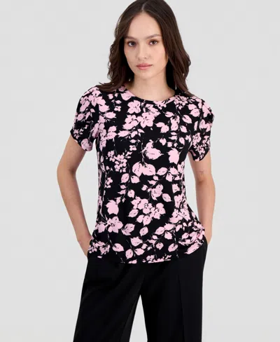 Anne Klein Essentials Petite Floral-print Gathered-sleeve Top In Black