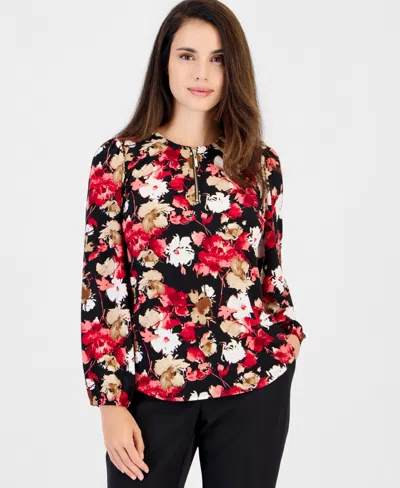 Anne Klein Essentials Petite Floral-print Long-sleeve Blouse In Multi