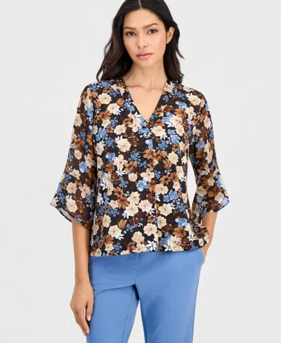 Anne Klein Essentials Petite Floral-print Split-neck Bell-sleeve Top In Anne Black Multi