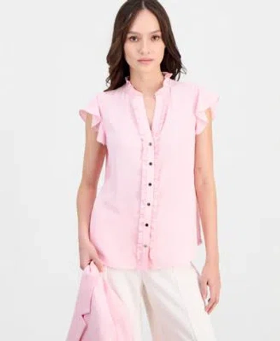 Anne Klein Essentials Petite Flutter Sleeve Ruffle Placket Top In Pink