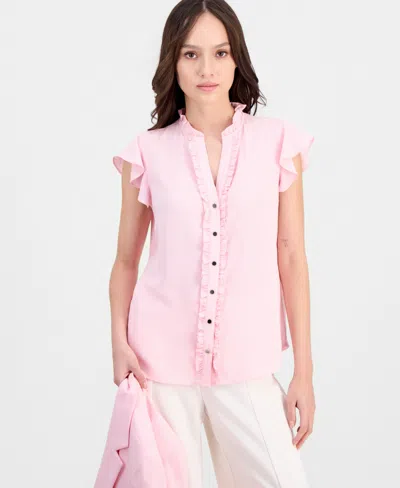 Anne Klein Essentials Petite Flutter-sleeve Ruffle-placket Top In Pink