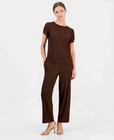Anne Klein Essentials Petite Gathered Tulip Sleeve Top Ankle Pants In Brown