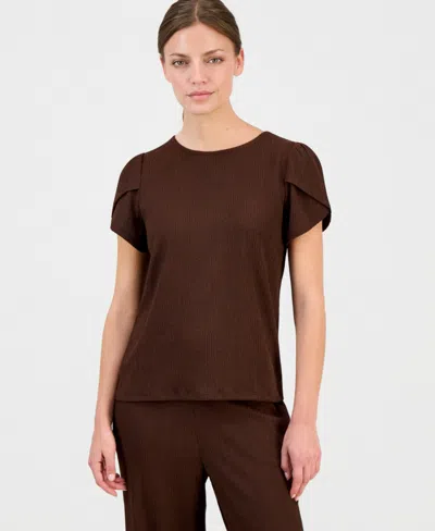 Anne Klein Essentials Petite Gathered Tulip-sleeve Top In Brown