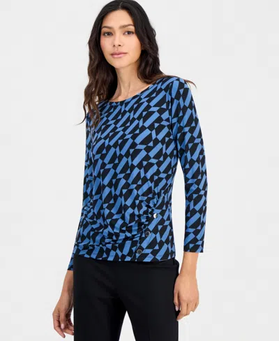 Anne Klein Essentials Petite Geo-print Ruched-sleeve Top In Dutch Blue,anne Black