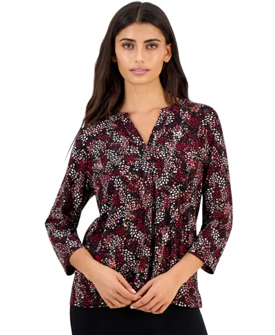 Anne Klein Essentials Petite Henley 3/4-sleeve Print Top In Red