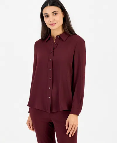 Anne Klein Essentials Petite High-low Long-sleeve Blouse In Barolo