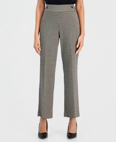 Anne Klein Essentials Petite Houndstooth Pull-on Mid-rise Trouser, 28-1/2" Inseam In Anne Black,vicuna