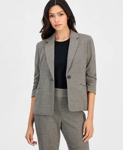 Anne Klein Essentials Petite Houndstooth Scrunch-sleeve Blazer In Anne Black,vicuna