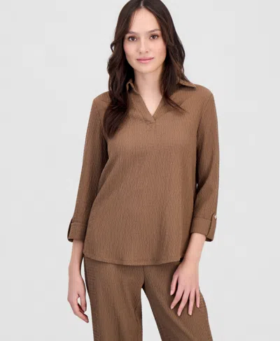 Anne Klein Essentials Petite Johnny Collar 3/4-sleeve Top In Brown