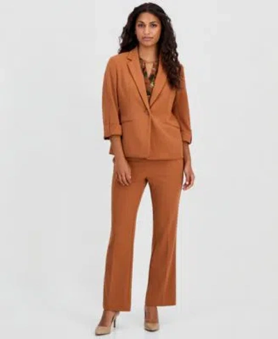 Anne Klein Essentials Petite Knit Roll Tab Blazer Elbow Sleeve Split Neck Top Petite Pull On Knit Trousers In Latte