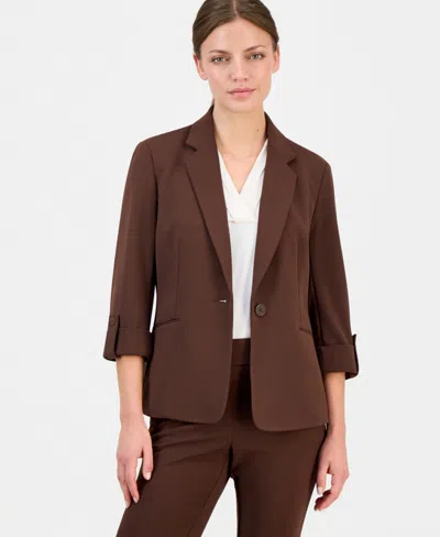 Anne Klein Essentials Petite Knit Roll-tab Blazer In Brown