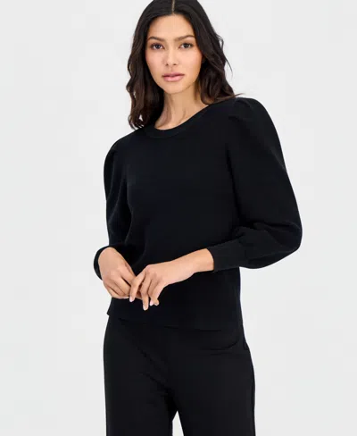 Anne Klein Essentials Petite Long-puff-sleeve Crewneck Sweater In Anne Black