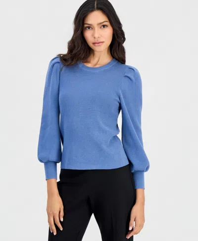 Anne Klein Essentials Petite Long-puff-sleeve Crewneck Sweater In Dutch Blue