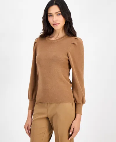 Anne Klein Essentials Petite Long-puff-sleeve Crewneck Sweater In Vicuna