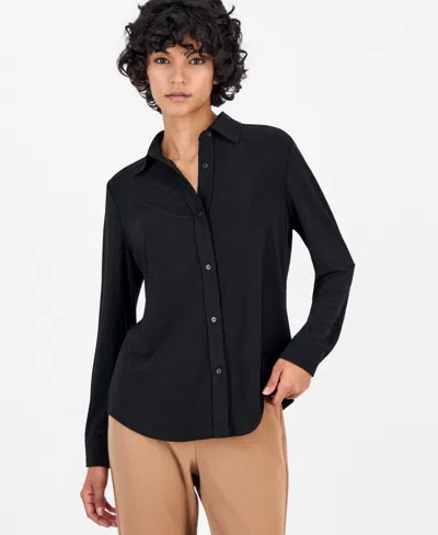 Anne Klein Essentials Petite Long-sleeve Collared Knit Button-down Shirt In Anne Black