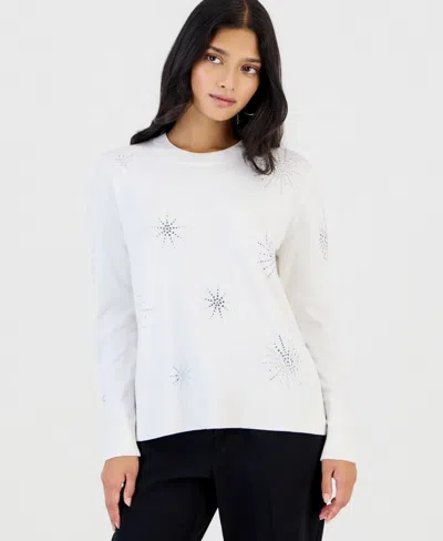 Anne Klein Essentials Petite Long-sleeve Crew Neck Embellished Sweater In White Dove