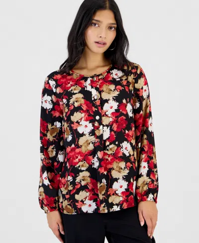 Anne Klein Essentials Petite Long-sleeve Floral-print Crewneck Blouse In Multi