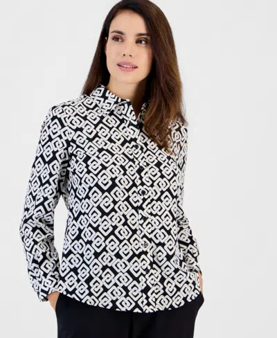 Anne Klein Essentials Petite Long-sleeve Houndstooth Button-front Blouse In Black