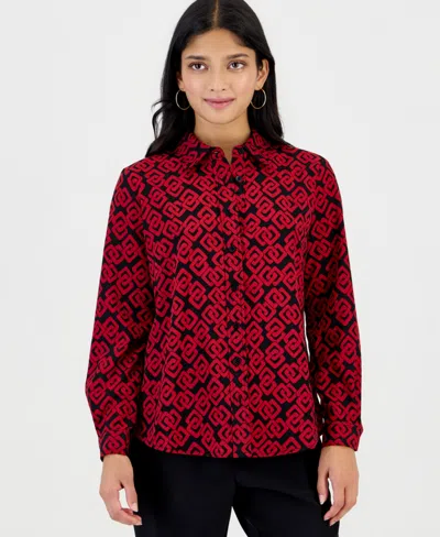 Anne Klein Essentials Petite Long-sleeve Houndstooth Button-front Blouse In Red