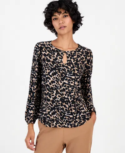 Anne Klein Essentials Petite Long-sleeve Keyhole Blouse In Vicuna Multi
