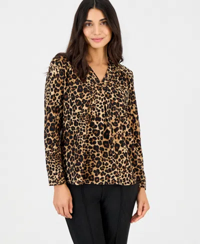 Anne Klein Essentials Petite Long-sleeve Leopard-print Blouse In Anne Black Multi